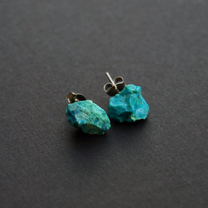 Raw Chrysocolla Chunk Earrings, Rock Stud Earrings, Crystal Earrings